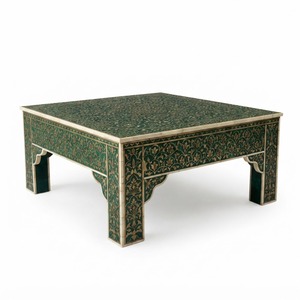 Table basse artisanale en os incrusté, plateau rond en bois rayé, table centrale avec base en piédestal bleu, mobilier moderne pour salon - Product Image 3