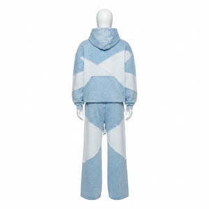 <b>Mens</b> <b>Light</b> Blue Acid Wash Color Block Zip <b>Jacket</b> Wide Leg Pants Tracksuit Set Custom Streetwear Casual Fashion Look - Product Image 4