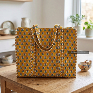Wholesale Jaipur Hand Block Print Quilted Cotton Tote <b>Bag</b> <b>Women</b> Yellow Floral Large Shoulder Travel <b>Beach</b> Shopping <b>Bag</b> - Product Image 2