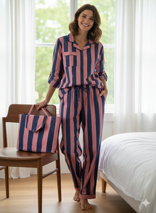 Conjunto de Pijama de Algodón para Mujer, Estampado Floral con Rayas Verticales, Primavera-Verano, Ropa de Estar por Casa, Camisa y Pantalones Elegantes de Secado Rápido y Largo Completo - Product Image 2