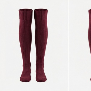 Men's Knee High <b>Socks</b> Solid Color Knitted Regular Style Autumn Daily Wear <b>Burgundy</b> - Product Image 1