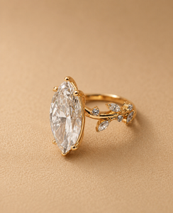 Bague de fiançailles en or massif 14 carats avec diamant de laboratoire marquise de 3 carats et bande à accent feuille, certifiée IGI, tendance - Product Image 4