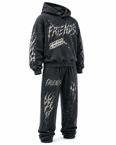 Ensemble de survêtement à capuche coupe classique en molleton de coton noir, style streetwear, imprimé dessin animé avec strass, pour homme, tenue d'hiver - Product Image 5