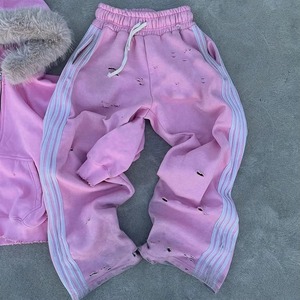 Custom Unisex Y2K Streetwear Acid Wash Printed <b>Pink</b> Distressed Hoodie Set Wide Leg Sweatpants Faux Fur Trim Full Zip <b>Tracksuit</b> - Product Image 5