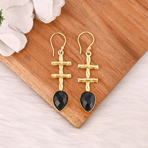 Natural <b>Black</b> Onyx Gold Plated Brass <b>Dangle</b> <b>Earrings</b> Handmade Fashion Jewelry for Women - Product Image 2