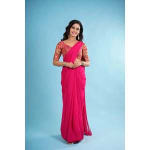 Sari rose en georgette pure taille unique avec chemisier brodé lourd non cousu, orné pour mariages Inde/Pakistan - Product Image 3