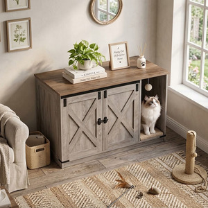 Meuble pour animaux de compagnie en bois, armoire-niche pour chat avec portes et compartiment ouvert pour chats d'intérieur, unité de rangement multifonctionnelle, style classique - Product Image 3