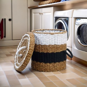 Cestas de lavandería de yute y algas marinas tejidas en color crema y negro, cestas de almacenamiento hechas a mano, venta al por mayor, ecológicas, hechas en Vietnam - Product Image 5