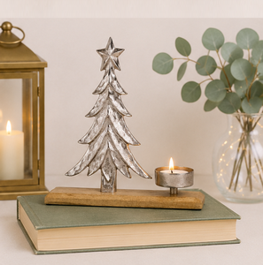 High Quality Handcrafted Silver Aluminum Metal Christmas Tree Candle Holder With Natural Mango Wood Base For Holiday Home Table - Product Image 3