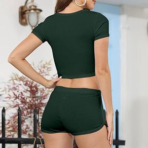 Women's Green 2-Piece Sports <b>Set</b> Short Sleeve Crop Top Drawstring Shorts Breathable Spandex/Cotton <b>Knitted</b> Embroidery Sporty - Product Image 3