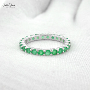 Anillo Apilable Delicado de Oro Blanco Sólido de 14K con Gema de Esmeralda de Corte Redondo de 2.5MM, Anillo de Promesa de Eternidad Completa, Proveedor Mayorista de India - Product Image 4