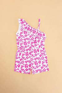 Combinaison courte à imprimé floral pour filles, à une épaule, sans manches, respirante, en polyester - Product Image 3