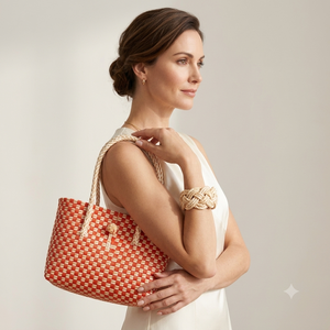 Eco-friendly Waterproof Durable Ladies Handbag Recycled <b>Plastic</b> Material Loop & Button Closure Woven Bag Red and White Color - Product Image 3