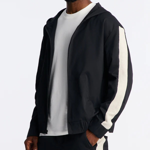 Men's Hooded Zipper Tracksuit Black White Stripe Casual Solid Color Full Sleeve Autumn Breathable Regular Fit Side Pockets - Product Image 1