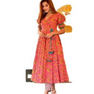 WESTERN STYLE <b>SLEEVE</b> PREMIUM READYMADE KALAMKARI DESIGNER GOWN - Product Image 1