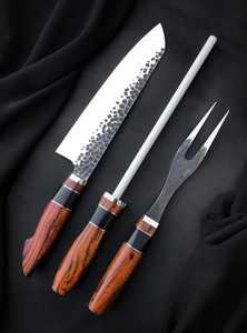 Handmade Carbon Steel <b>Knife</b> <b>Set</b> With Wood Handle 3-Piece Includes Chef <b>Knife</b> Fork And Skewer <b>Sharp</b> And Durable For Kitchen Use - Product Image 2