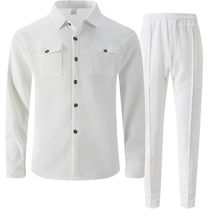 Men's White <b>Knitted</b> Stand Collar Long Sleeve Top And Pants <b>Set</b> Casual Autumn Wear - Product Image 3