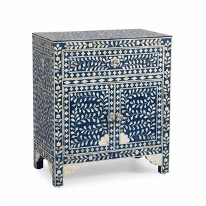 Mesita de Noche de Madera con Incrustaciones de Hueso Azul Claro, 2 Cajones y Estante Abierto, Diseño Chevron de Lujo, Venta al por Mayor Personalizada para el Hogar - Product Image 6