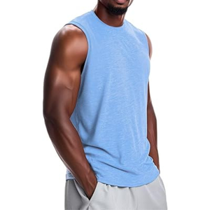 Camiseta sin mangas para hombre, color azul claro, cuello redondo, color sólido, tejido de algodón, chaleco informal, transpirable, para entrenamiento - Product Image 5