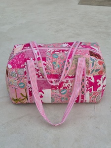 Handmade Floral Print Duffel <b>Bag</b> Blue Pink Cotton Quilted Weekender Travel <b>Bag</b> Large Capacity Zipper Closure - Product Image 2