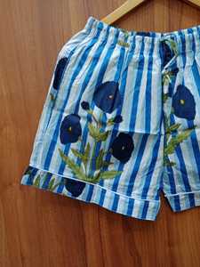 Women's Blue Striped Floral Print Cotton <b>Pajama</b> Set Short Sleeve Turn-Down Collar Elastic Waist Summer Casual Sleepwear - Product Image 2