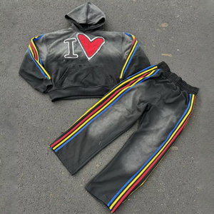 Custom Vintage Sun Faded Sweatsuit Distressed Embroidery Patch Acid Wash Striped Hoodies and Sweatpants Set <b>Tracksuits</b> - Product Image 1