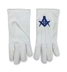 Master Mason Blue Lodge Gloves with White Cotton Machine Embroidery Freemason Regalia with Leather and Ribbon Foundation Fabric - Product Image 2