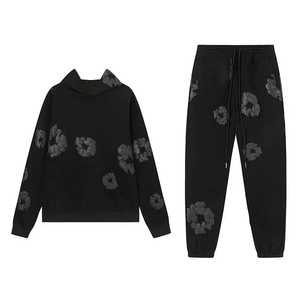 Ensemble de survêtement d'hiver pour homme en noir, 2 pièces, sweat-shirt à capuche, pantalon de jogging, coupe régulière, 100% coton molletonné, coupe-vent, respirant - Product Image 1