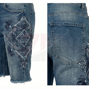 Men's Denim Shorts Straight Leg Mid Waist Embroidered Floral Design Stonewashed Cotton Casual Summer Wear - Product Image 3
