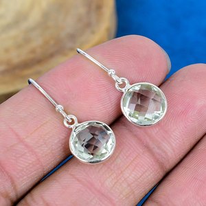 Natural <b>Green</b> Amethyst Round Shaped Gemstone Drop <b>Earring</b> Handmade 925 Sterling Silver Finish - Product Image 1