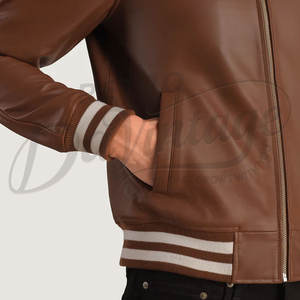 Chaqueta Bomber de Cuero Genuino Marrón para Hombre con Cuello Clásico de Camisa y Puños Acanalados a Rayas, Prenda Deportiva de Cuero Completo de Primera Calidad - Product Image 6