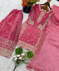 DESIGNER FENDY SILK EMBROIDERY SEQUENCE WORK <b>TOP</b> PALAZZO WITH DUPATTA FESTIVE WEAR WHOLESALE PRICE ETHNIC GARMENT BABY PINK - Product Image 5