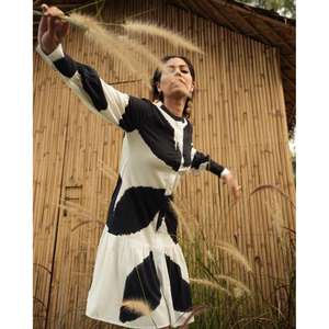 <b>Women</b> Black <b>White</b> Tie Dye Midi Dress Long Sleeve Button Front Casual Boho Dress - Product Image 2