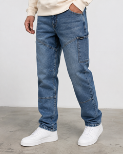 Jean en denim bleu clair coupe droite pour homme FANKES, taille mi-haute, coupe régulière, délavé, style décontracté, en coton, idéal pour le printemps - Product Image 2