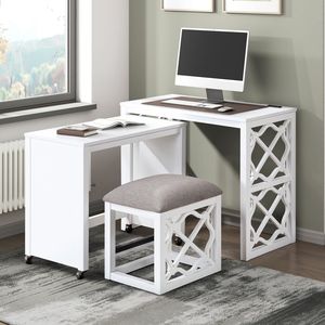 Set di 3 Pezzi per Ufficio Domestico con Finitura Bianca, Scrivania con Rotelle e 2 Porte di Ricarica, Set di Sgabelli per Uso Computer - Product Image 1