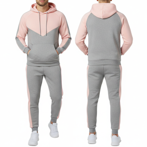 ชุดวอร์มผู้ชายสองสีแบบขายส่ง - ชุดกีฬาสีเทา/ชมพูพร้อมโลโก้สั่งทำ - ชุดฝึกซ้อมกีฬาพร้อมกางเกงแถบข้างตัดสี - Product Image 4