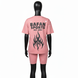 ชุดเสื้อยืดและกางเกงขาสั้นผ้าฝ้ายพรีเมียมสีชมพูอมเทา พิมพ์ลายสกรีนโลโก้ตามสั่ง สำหรับผู้หญิง ชุดเสื้อยืดและกางเกงขาสั้นผ้าฝ้าย 100% - Product Image 2