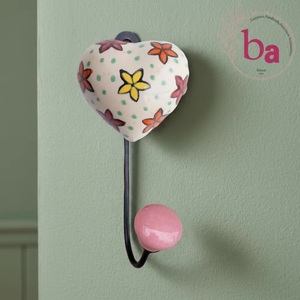 Ba Ceramic Heart Wall Hook With Flower Pattern Handmade <b>Pink</b> Ball Decorative Coat Hanger For Home Or Office Use - Product Image 3