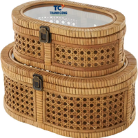 Ensemble de boîtes en rotin tissé vintage de haute qualité avec couvercle en verre, boîte décorative en rotin faite à la main, boîte à bijoux