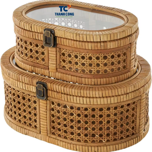 High Quality Set Vintage Woven <strong>Rattan</strong> <strong>Boxes</strong> <strong>With</strong> Glass <strong>Lid</strong> <strong>Rattan</strong> <strong>Handmade</strong> Decorative Box Jewlery Box - Product Image 1