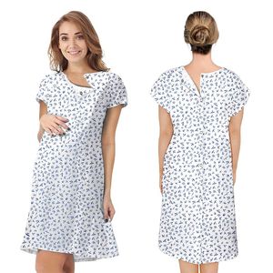 147 GSM coton uniformes hospitaliers Pack 60 robes de patient blanches impression d'oiseau petite taille manches courtes avant arrière boutons-pression tissu lavable - Product Image 1
