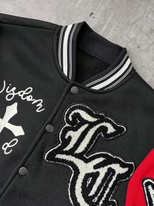 Veste varsity streetwear avec patchs lettres brodés, appliques en chenille, mélange de polaire chaud, boutons, veste décontractée d'hiver - Product Image 4