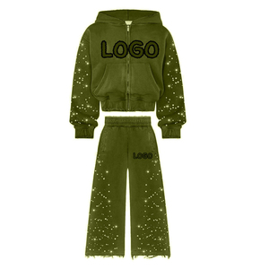 Custom Rhinestone <b>Tracksuit</b> Women Zip Up Hoodie Wide Leg Sweatpants <b>Y2K</b> Streetwear Two Piece Set Private Label Manufacturer - Product Image 2