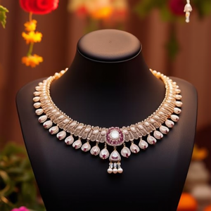 Conjunto de Collar Choker con Perlas, Diamantes, Circonitas y Piedras Kundan - Chapado en Oro - Estilo Étnico - Para Bodas y Fiestas - Product Image 3