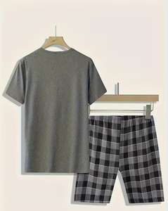 Men Solid Gray Crew Neck T-Shirt Set with Shorts Breathable Knitted Casual Summer Pajama Outfit Polyester/Cotton - Product Image 2