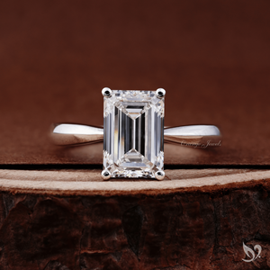3 carat emerald cut lab grown diamond <b>ring</b> pinched shank solitaire setting in 10K white gold bold engagement <b>ring</b> - Product Image 1