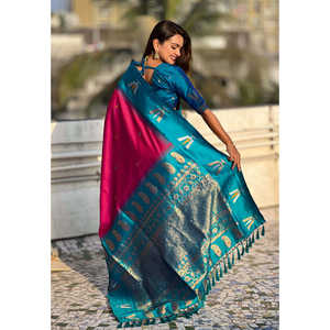 Sari en soie douce rose foncé tissé Zari de la marque Elite Weaves avec foulard et châle traditionnels de style indien du Sud à contraste Tilak - Product Image 4