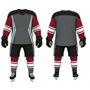 Uniforme de hockey sur glace pour hommes très demandé - Couleurs gris foncé, bordeaux et blanc, respirant, séchage rapide, imprimé, tenue d'équipe - Product Image 3