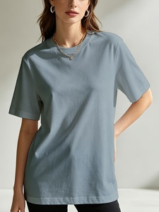 Camiseta de Manga Corta para Mujer, Cuello Redondo, Corte Holgado, Color Sólido, Informal, Básica, 100% Algodón Jersey, para Todas las Temporadas - Product Image 1