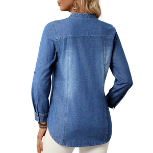 Camisa de Mezclilla para Mujer, Lavado Oscuro, Cuello Camisero, Manga Larga, Cierre de Botones, Estilo Casual Vintage, Corte Regular, 100% Algodón, con Bolsillos, Primavera - Product Image 2